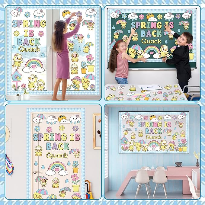 Spring is Back Bulletin Board Set Quack Duck Classroom Decoration Spring Bulletin Board Ducks Rainbow Cloud Photo Craft Cutouts for School Classroom Back to School Door Chalkboard Wall Decor