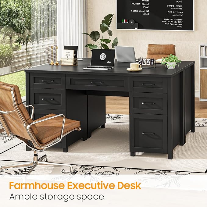 Vabches Farmhouse 61'' Executive Desk with 5 Drawers, Rustic Office Desk Computer Desk with File Drawers and Storage Cabinet, Wood Workstation for Home Office and Study(Black)