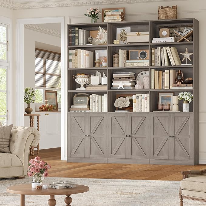 FACBOTALL 75" Triple Wide Bookshelf, Bookshelf and Bookcase with 6 Farmhouse Doors, 71" Wide 6 Tier Book Shelf with 18 Storage Shelves, Large Wooden Bookshelves, Tall Bookcase for Home Office, Gray