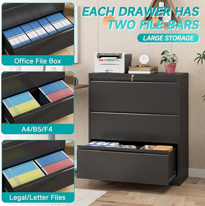 3 Drawer Lateral File Cabinet with Lock, Heavy-Duty Metal Filing Cabinet for Home Office, Steel Storage Compatible with Hanging Files Letter/Legal/F4/A4 Sizes (3 Drawer, Black)