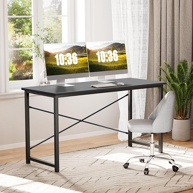 Sweetcrispy Small Computer Desk,31 Inch Office Writing Work Desk with Metal Frame Wooden Tabletop, Student Study Home Bedroom Table with X-Shaped Reinforcement, Black
