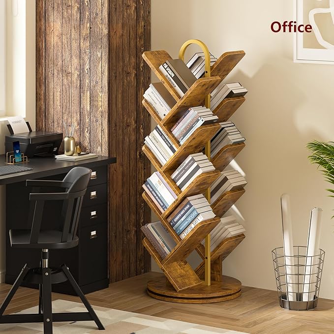 TVU 16-Tier Tree Rotating Bookshelf, 360 Degree Spinning Standing Bookcase for Magazines DVDs Books, Corner Bookcase for Living Room Bedroom Study, Rustic Brown
