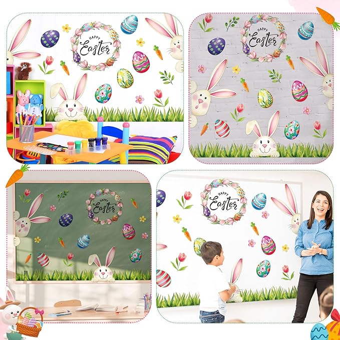 Vintage Easter Bulletin Board Set Happy Easter Classroom Decorations with Grass Border Trim Colorful Bunny Egg Cutouts for Spring Classroom Home Party Wall Decor