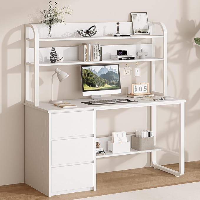 White Desk with Hutch, 55 Inch Computer Desk with 3 Drawers for Bedroom, Study Writing Desk with Shelves for Small Spaces, Adjustable Feet