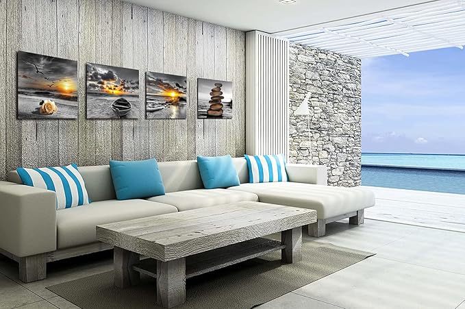 Bamdeya Black and White Gold Wall Decor Sea Sunset Beach Wall Art Seascape Zen Painting Sunrise Picture Ocean Canvas Print for Living Room Bedroom Bathroom Home Wall Decoration Framed Art