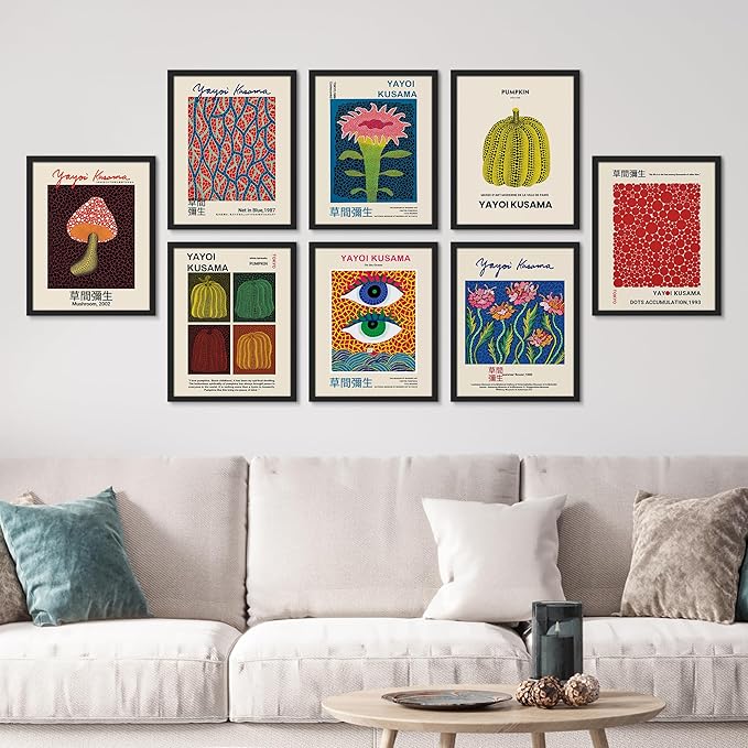 SIGNWIN Framed Poster Wall Art Set of Mushroom Botanical, Blue Red Dots, Japanese Pumpkin The Ocean Minimalist Decor for Living Room, Bedroom, Office - 11"x14"x 8 Black