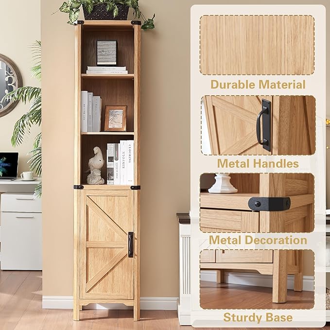 71" Tall Bookshelf, 5 Tier Bookcase with Adjustable Shelves and Barn Doors,Natural Wood Farmhouse Bookshelf with Storage Cabinet,Wood Freestanding Display Bookshelves for Bedroom,Living Room