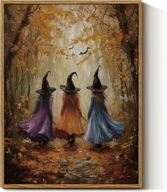 InSimSea Framed Canvas Wall Art, Mystical Witch Art Prints, Halloween Fall Decor for Living Kids Room Bedroom Hallway Entryway Fireplace, Cute Autumn Forest Decor, 12x16 Inch