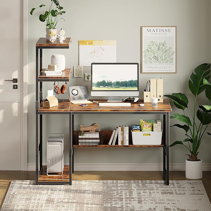ALISENED 47 Inch Computer Desk with 4-Tier Storage Shelves, Modern Large Office Desk Computer Table Studying Writing Desk Workstation with Bookshelf and Tower Shelf for Home Office