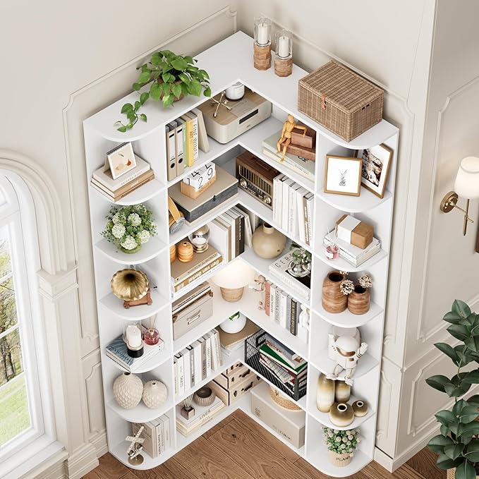 FOTOSOK 74” Tall Corner Bookshelf, 6-Tier Bookshelf and Bookcase with Open Storage, L Shaped Tall Bookcases Wooden Storage Shelves for Home Office, Thickened Boards for Better Load Bearing, White