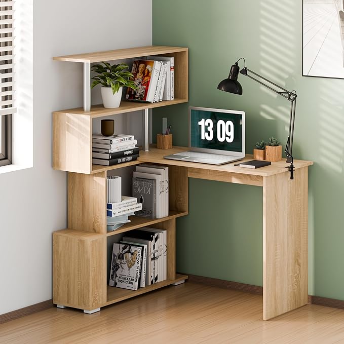 L Shaped Computer Desk, Corner Desk, 360 Degree Rotatable, Space Saving Table with Spacious Storage for Home Office Workstation Study, 157 x 45 x 130.5 cm, Oak
