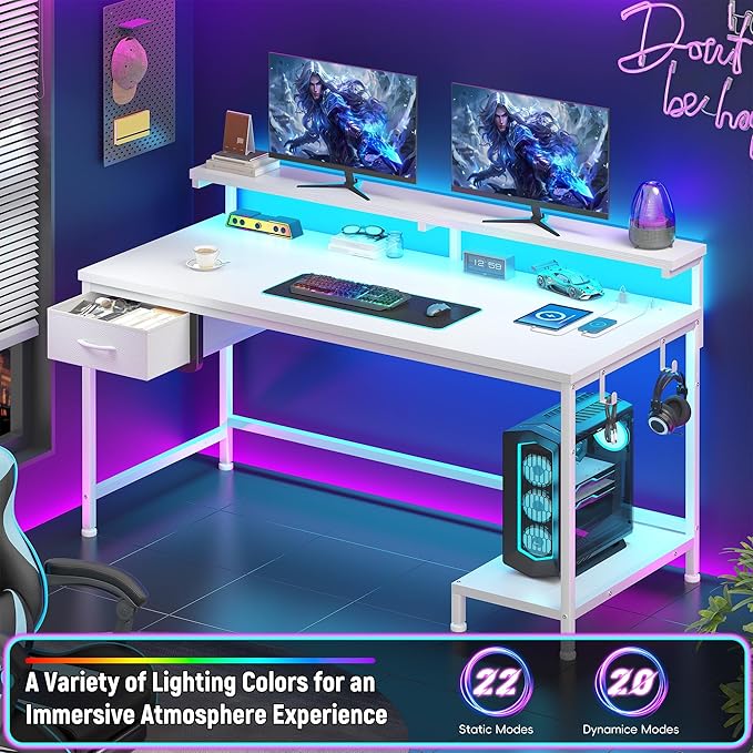 39.3Inch Computer Desk with Power Outlet & Drawer,Gaming Desk with CPU Stand& LED Lights,Corner Office Desk with Ergonomic Monitor Stand for Home Work, Study and Gaming, Small Spaces,White