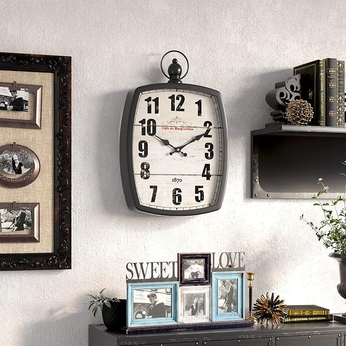 Menterry Large Retro Rectangle Wall Clock, Black Antique Vintage Style, Battery Operated Silent Decor Wall Clocks for Living Room,Farmhouse,Kitchen,Office (15.5" H x 10.2" W)