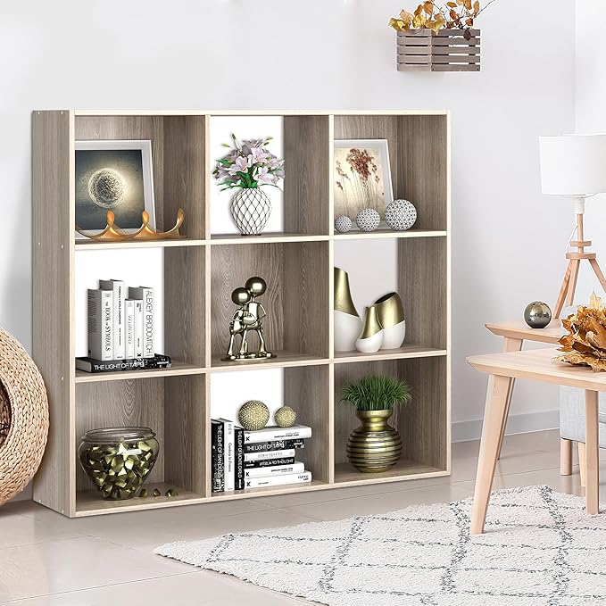 SUPER DEAL 9 Cube Open Shelf Bookcase, 3 x 3 Storage Organizer Shelf with 5 Removable Back Panels Wood Bookshelf System Display Rack for Home, Office, Bedroom, Living Room, Oak