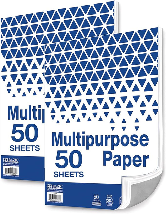 BAZIC Products Blank Paper Copy & Multipurpose Paper - 8.5" x 11" White Color Printer Paper for Inkjet, Laser, and Fax Machines, Ideal for Office, School, and Crafts, 50 Sheets/Pack, 2-Packs