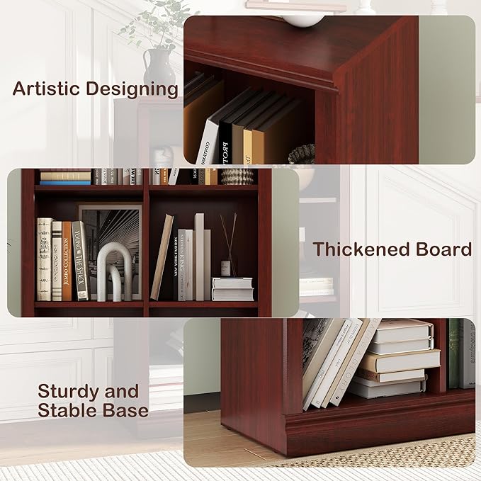 6 Cube Storage Organizer - 3 Tiers 6 Storage Cube Adjustable Space Book Case, Display Cabinet Organizer with Bookcase, 30 inch Width Horizontal Bookshelf for Home Library Office, Mahogany