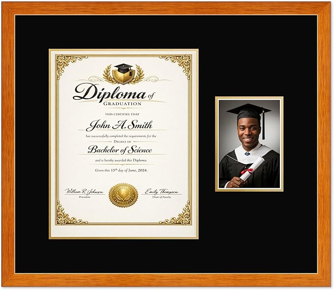 CountryArtHouse Fits 11 x 14 College Diploma (Portrait) and 5 x 7 Photo Diploma and Photo Frame Honey Oak Genuine Hardwood with Black Over Metallic Gold Double mat