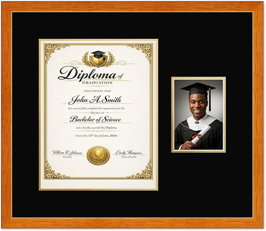 CountryArtHouse Fits 11 x 14 College Diploma (Portrait) and 5 x 7 Photo Diploma and Photo Frame Honey Oak Genuine Hardwood with Black Over Metallic Gold Double mat