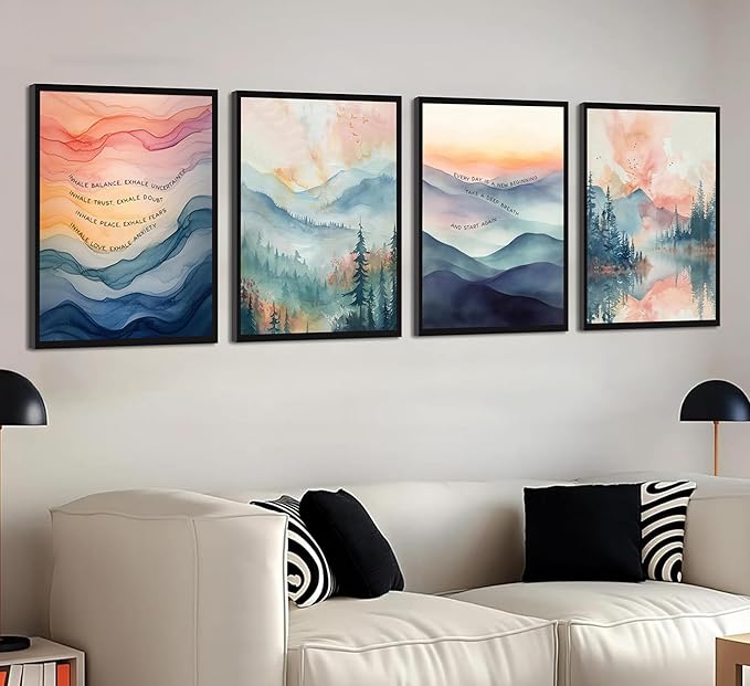 4pcs Mental Health Inhale Exhale Meditation Wall Art Abstract Watercolor Painting Picture Wall Decor Therapy Office Pictures Poster Print Artwork for Meditation Room Calming Corner Decoration Unframed