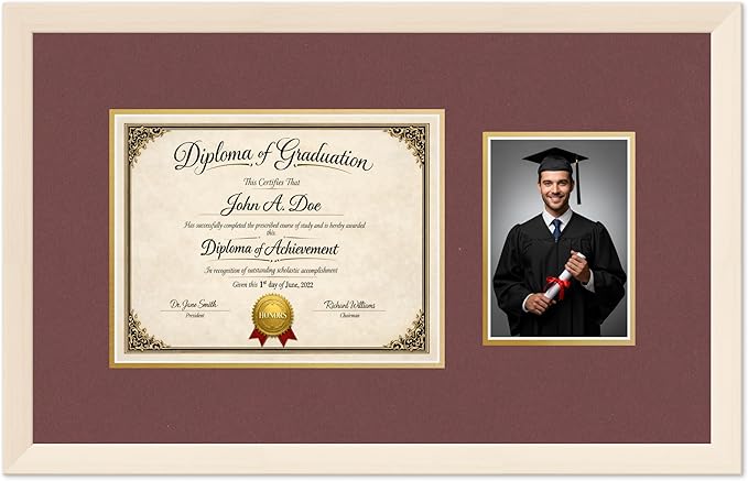 Diploma Frame With Photo Opening Coastal Whitewash Dark Red Over Gold Mat - Fits 11 x 8.5 Degree and Picture Made in the USA