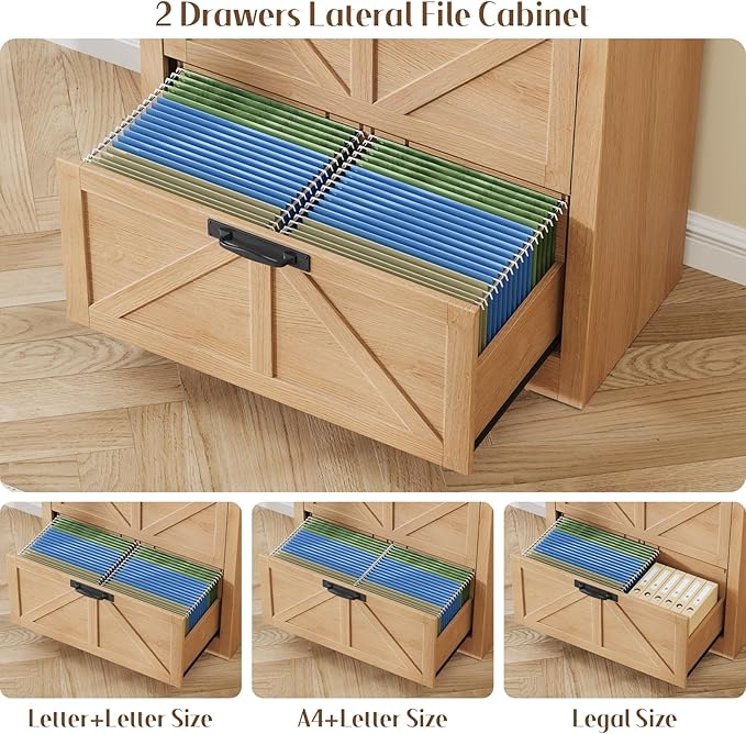 Arched Farmhouse File Cabinet with 2 Drawers for Legal, Letter, and A4 Size Hanging Files, Large Wooden File Cabinet for Home Office with Printer Stand and Bookshelf, Natrual