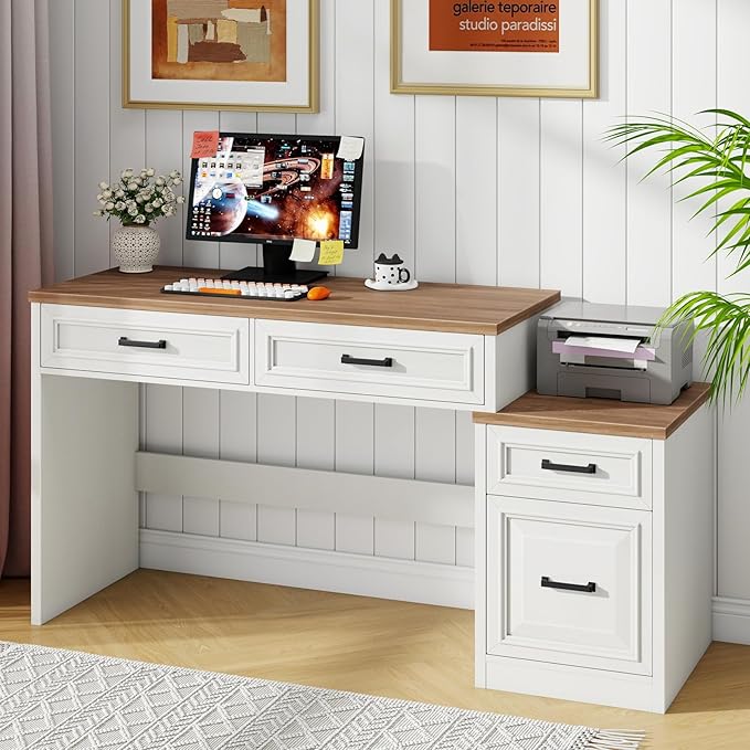 Vabches 61" Farmhouse Computer Desk with Storage and File Drawer, Executive Desks with Printer Stand, Rustic Large Home Writing Desk for Home Office.