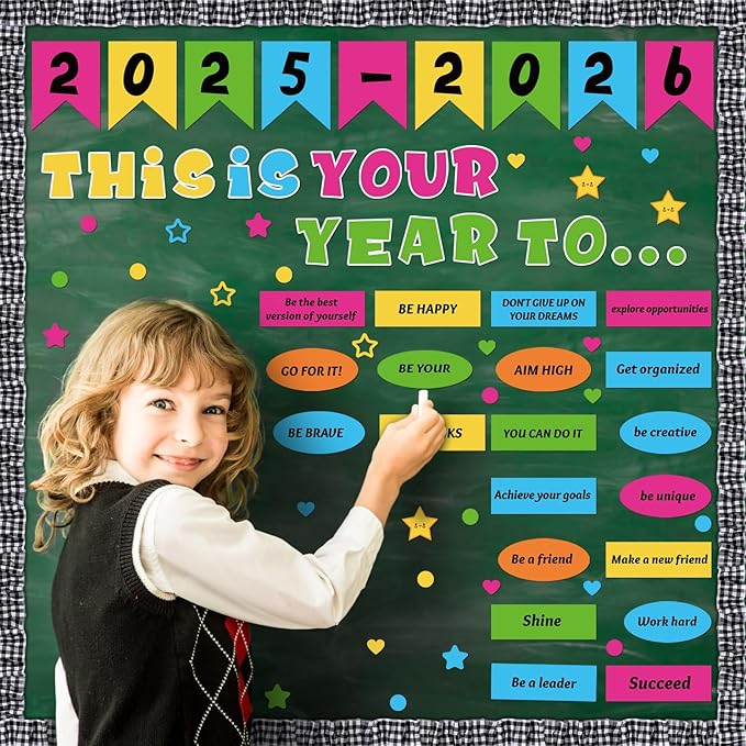 81 Pcs This is Your Year Bulletin Board Set Classroom Bulletin Board Decor Back to School Inspirational Cutouts with White Black Burlap Border for School Office Chalkboard Wall Decor