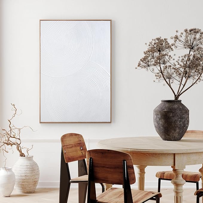 Zessonic Framed Abstract Wall Art for Living-room - Large White Geometric Line Spiral Abstract Hand-painting Artwork Minimalism Contemporary Nordic Boho Decorative for Living Room, Bedroom - 28"x 40"