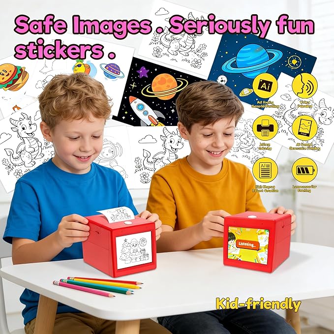 Smart AI Voice Sticker Printer Box, Mini Thermal Label Printer with Display, Inkless Portable Sticker Maker for Home, Office, Study & DIY Projects, 5 Rolls Paper Included