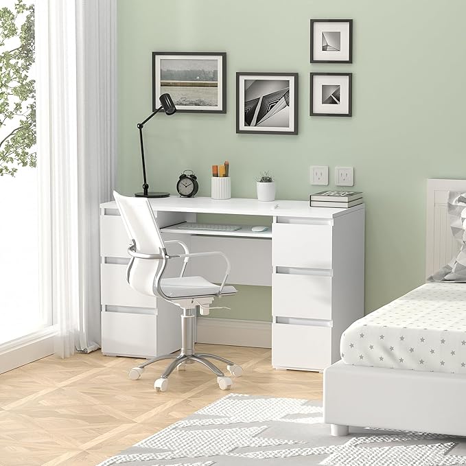 White Desk with Drawers Computer Desk for Bedroom, Home Office Table with Storage, 47 Inch Writing Wood Desks Executive Desks, Workbench Study Counter Small Gaming Table, White
