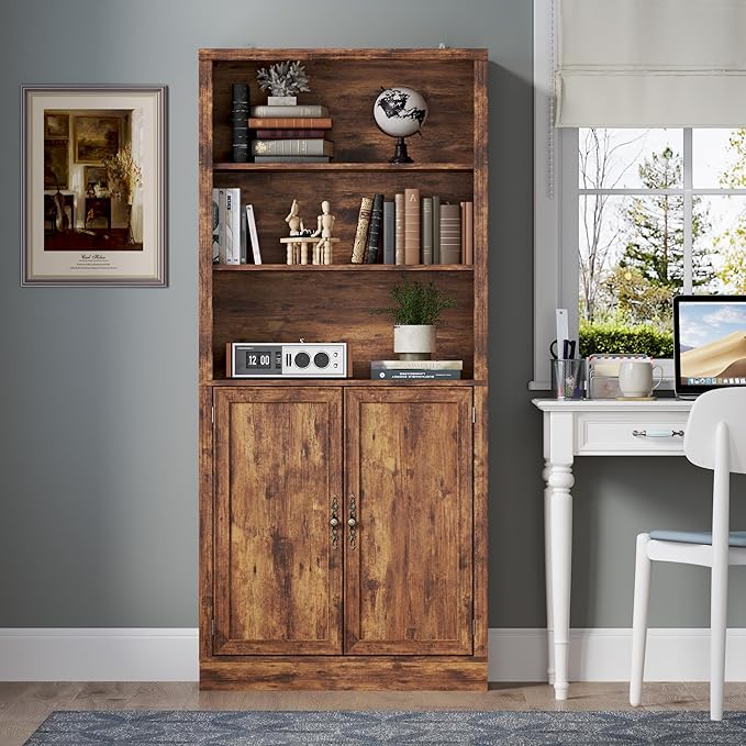 70.1" Tall Bookshelf with Cabinet, 5-Tier Floor Standing Bookcase with Doors & Adjustable Shelves, 31.5" Wide Storage Shelf, Metal Handles, Modern Organizer for Home Office, Living Room