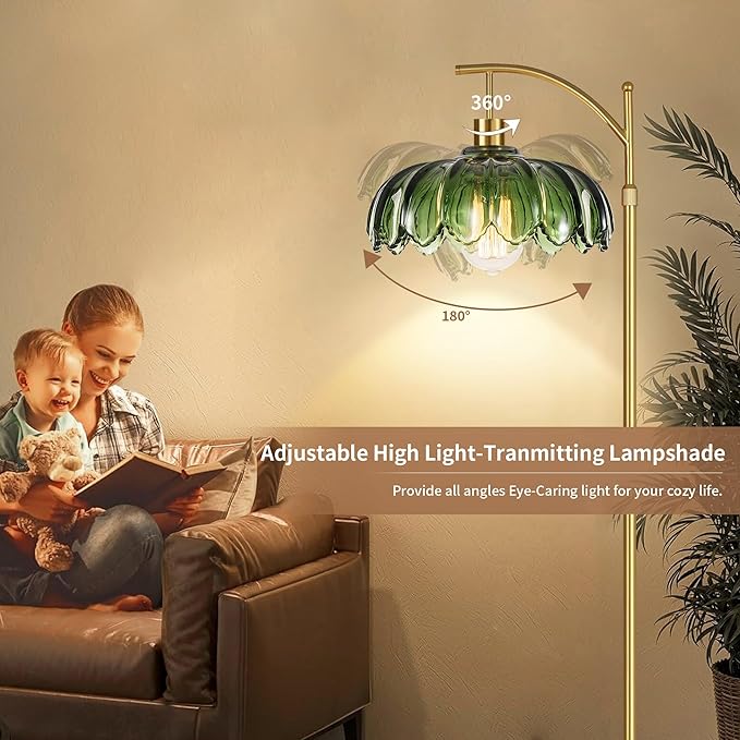 Floor Lamp for Living Room Bedroom,Gold Dimmable Standing Lamp with Remote,Mid Century Modern Brass Tall Lamp Vintage Green Glass Lamp Floor Light,Arc Unique Floor Lamps for Office Corner