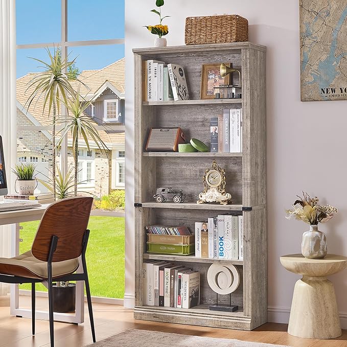 70" Grey Tall Bookshelf Set of 2,5-Tier Thick Wooden Book Shelf with Adjustable Shelves,Free Standing Farmhouse Bookcase with Open Display Storage,Floor Vintage Bookshelves for Living Room