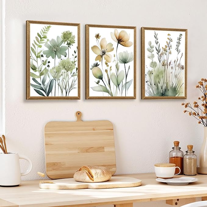 SYWENNOI Wood Framed Green Botanical Canvas Wall Art, Boho Floral Watercolor Art Wall Decor, Minimalist Flower Pictures Poster Prints for Bedroom Bathroom Living Room Ready to Hang 12x16 Inches