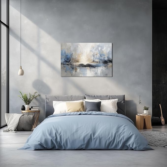 XRZ Abstract Wall Art – Blue and Beige Scripture Canvas – Wall Decor For Bedroom – Christian Wall Decor for Living Room Bedroom Office – 24x16 Inch