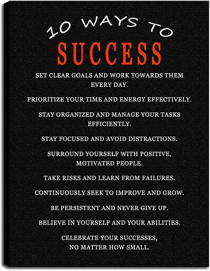 WYJDFART 10 Ways to Success Motivational Wall Art Inspirational Quotes Poster for Office Home Gym Classroom Positive Mindset Decor Print Framed Ready to Hang [18" W X 24" H]