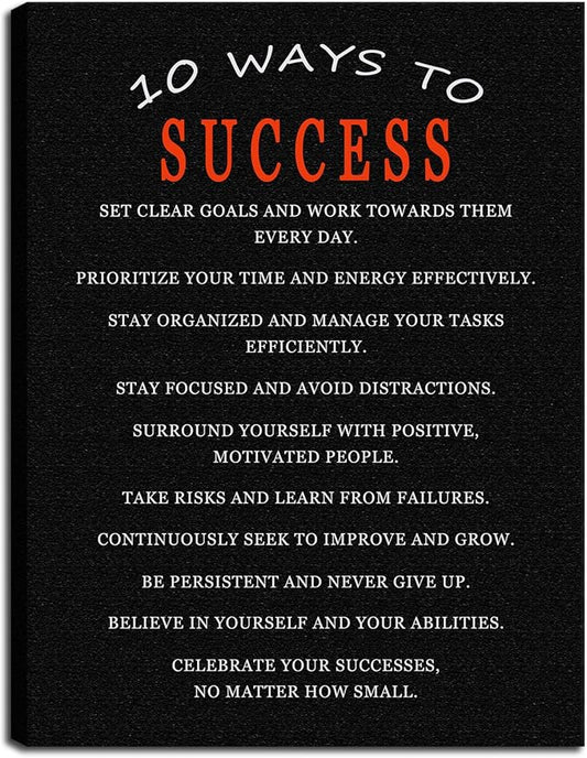 WYJDFART Inspirational Wall Art 10 Ways to Success Positive Mindset Decor Quotes Motivational Wall Decor Printed Canvas Poster for Office Home Gym Classroom Framed Ready to Hang [30" W X 40" H]