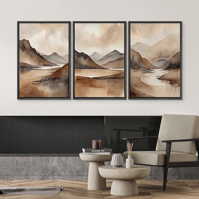 SIGNWIN Framed Canvas Print Wall Art Set Landscape Serene Mountain and River Scene in Warm Earth Tones Illustrations Modern Art Decorative Abstract for Living Room, Bedroom, Office - 24"x36"x3 Black