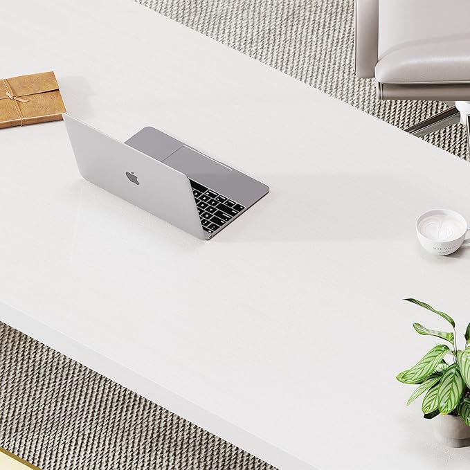 LVB White and Gold Desk, Modern Wood Home Office Computer Desk, Metal Study Executive Writing Table for Gaming Writing Work, Farmhouse Simple Compact Student PC Desk for Bedroom, 55 Inch