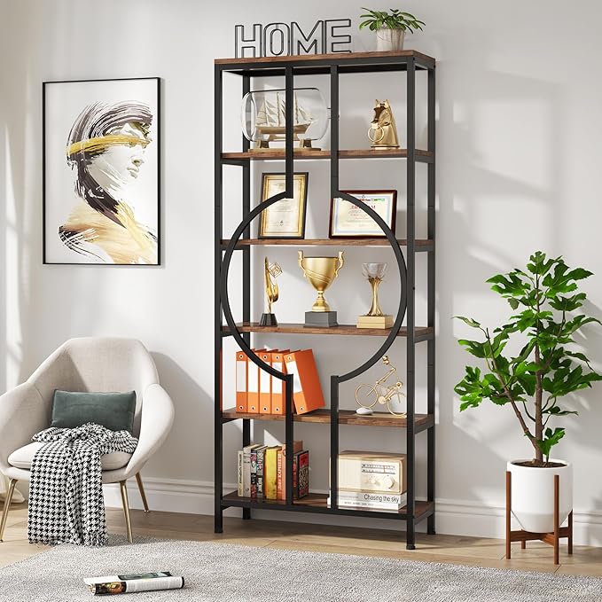 Tribesigns 70.9 Inch Industrial Bookshelf, 6-Tier Tall Etagere Bookcase with Open Shelves, Metal Decorative Book Shelf Storage Shelving Unit for Living Room and Home Office, Rustic Brown