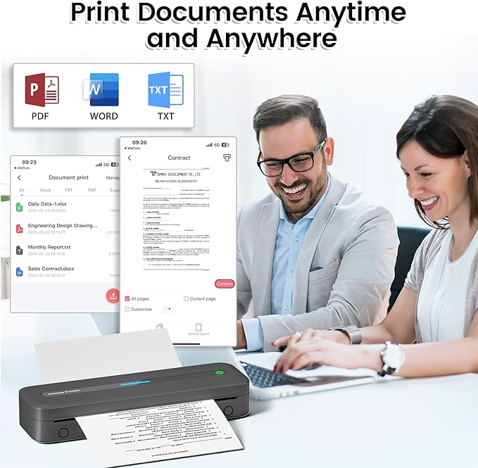 Portable Printer, 300DPI Wireless Bluetooth Thermal Printers, Support Multi-Size Thermal Paper, Compatible with iOS, Android & PC, Inkless Mobile Printer for Travel, Office, School, Gray
