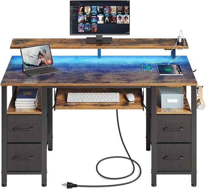 Seventable Computer Desk 55.1" with LED Lights & Power Outlets, Home Office Desk with 4 Drawers, Writing Desk with Keyboard Tray, Study Table with Monitor Stand, Work Table for Office, Rustic Brown