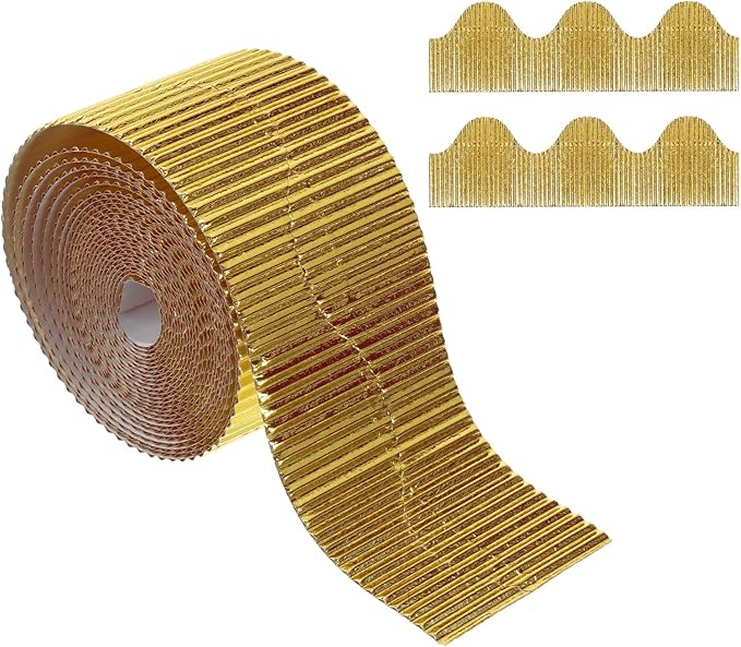 PATIKIL 3.9inch x 49.2ft Bulletin Board Border, Scalloped Trim Paper Corrugated Paper for Locker Classroom Decor Black White Cork Poster Boards, Gold