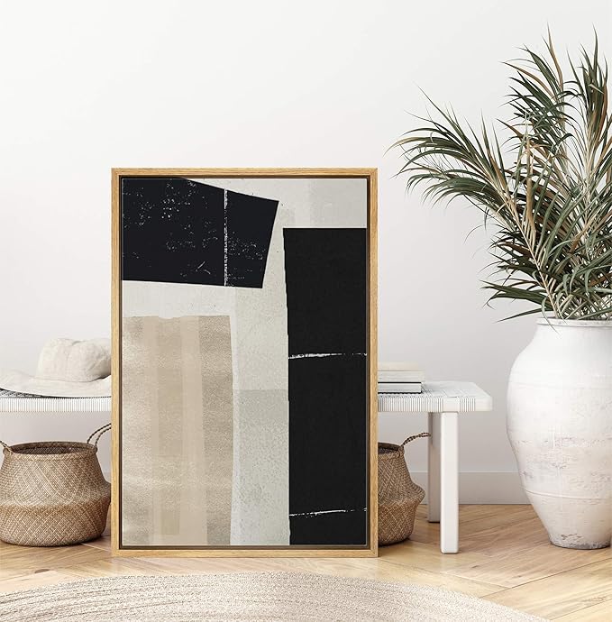 IDEA4WALL Framed Canvas Print Wall Art Black, White & Beige Color Blocks Abstract Shapes Illustrations Modern Art Minimalist Multicolor Cool for Living Room, Bedroom, Office - 24"x36" Natural