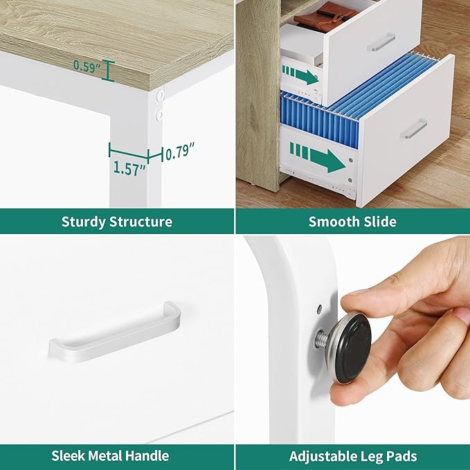 YITAHOME Computer Desk with Drawers, 55" Office Desk with Power Outlets & LED Light, Home Office Desk with Storage Shelves, White & Oak