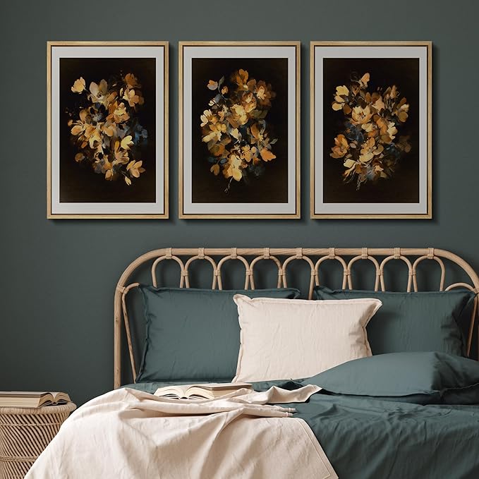SIGNFORD Framed Wall Art Print Set Golden Blossom Watercolor Floral Warm Botanical Digital Art Modern Art Contemporary for Living Room, Bedroom, Office - 24"x36"x3 NATURAL