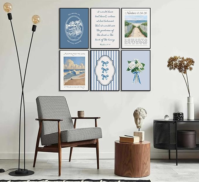 6Pcs Blue Coastal Christian Wall Art Bible Verse Canvas Painting Coastal Granddaughter Preppy Pictures Wall Decor Blue Hydrangea Bow Aesthetics Posters Prints for Girls Bedroom Living Unframed