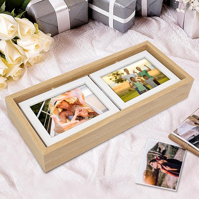 ZEEYUAN 4x6 Desk Picture Frame Rotating 4x6 Floating Photo Frame Wooden Double Side Frame Tabletop for Office Home Decor