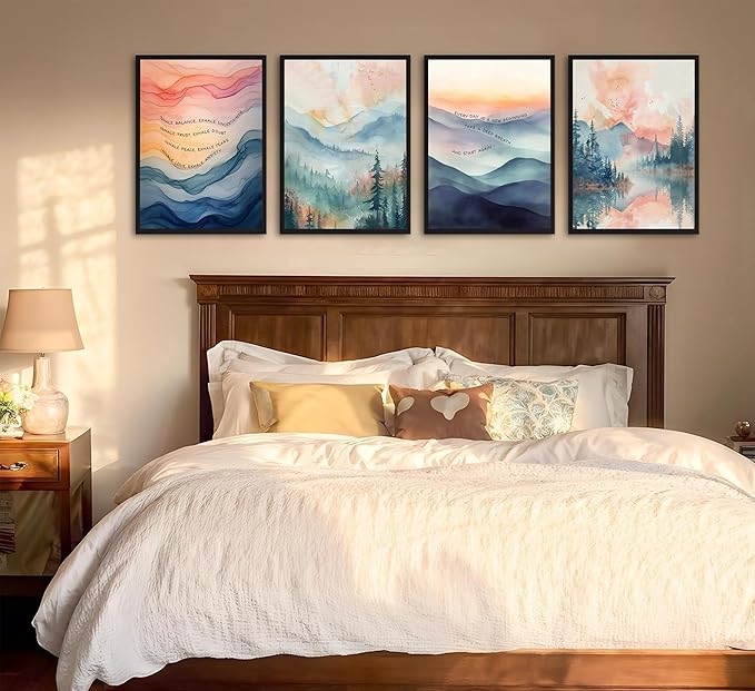 4pcs Mental Health Inhale Exhale Meditation Wall Art Abstract Watercolor Painting Picture Wall Decor Therapy Office Pictures Poster Print Artwork for Meditation Room Calming Corner Decoration Unframed