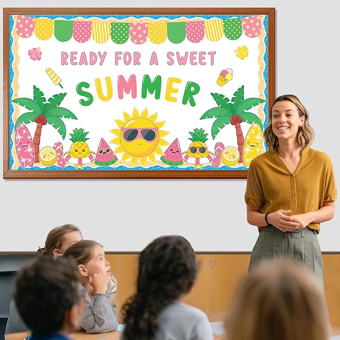 Summer Bulletin Board Decoration Set Beach Bulletin Board Decorations Summertime Hawaiian Paper Cutouts kit Sweet Summer Tropical Theme Decor for School Classroom Home Office Chalkboard Wall Door